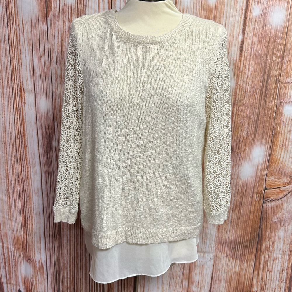 Lucky Brand Ivory Linen Blend Layered Split Back Lace Sleeve Sweater